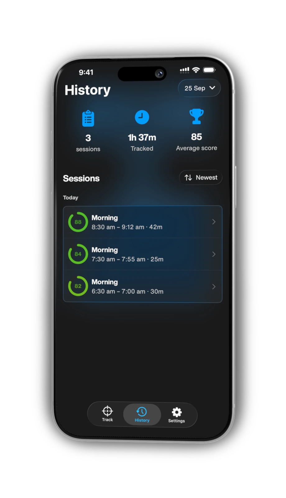 Hunch History screen on iPhone: three sessions, 1 hour 37 minutes tracked and an average score of 85, with each session’s score and times.