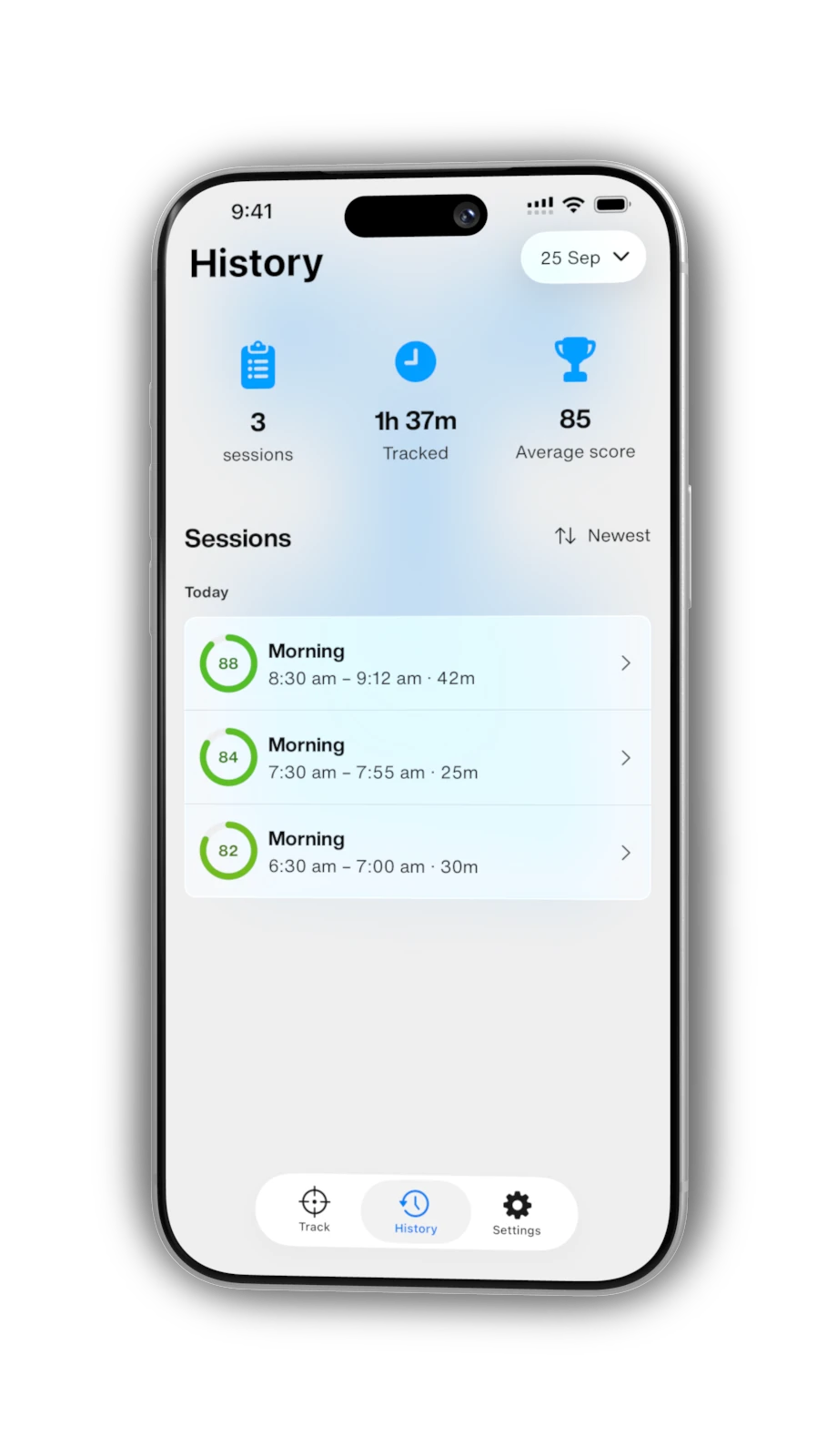 Hunch History screen on iPhone: three sessions, 1 hour 37 minutes tracked and an average score of 85, with each session’s score and times.