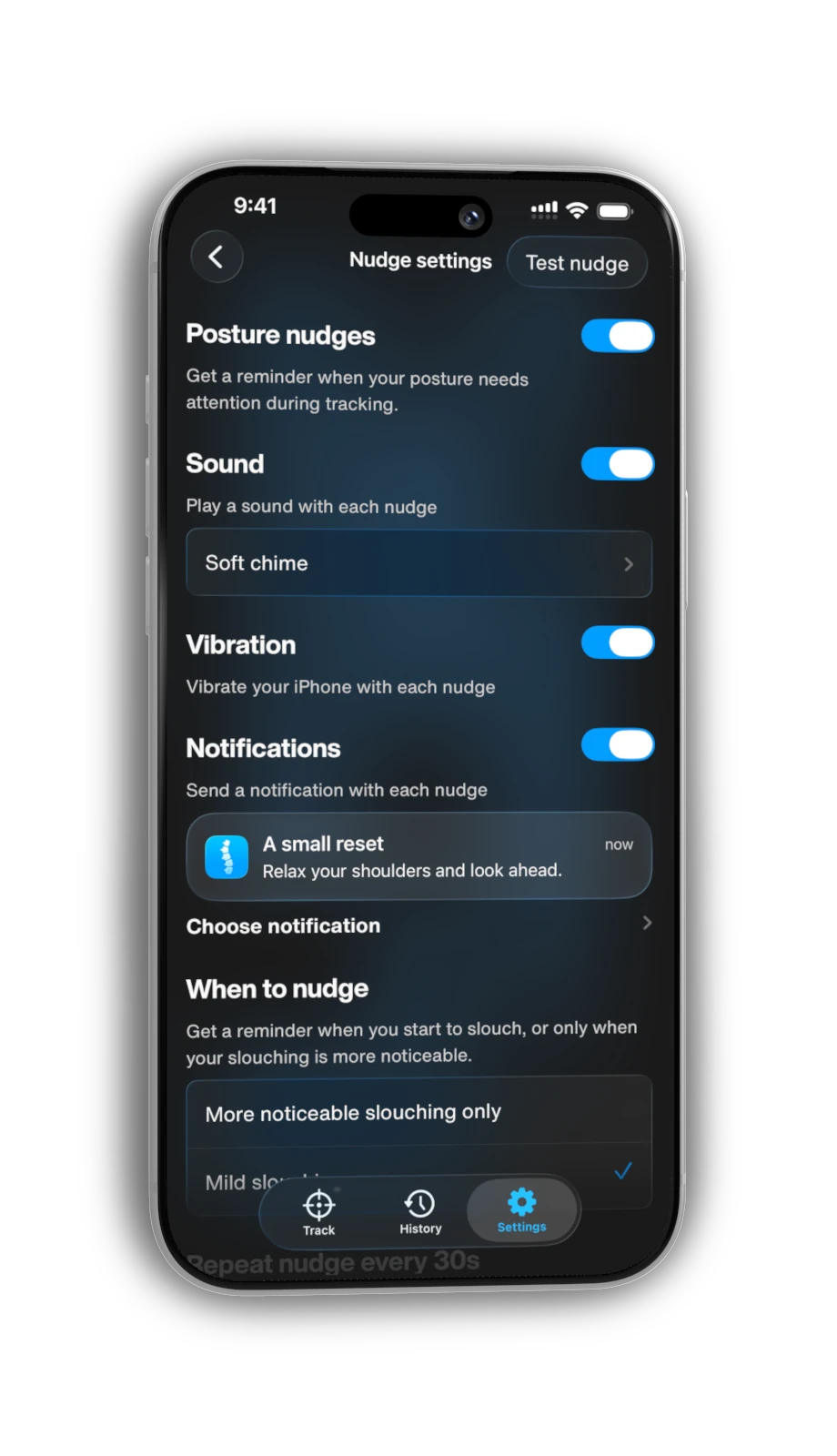 Hunch Nudge settings screen on iPhone, with sound, vibration and notification switches, a custom notification preview and options for when to nudge.